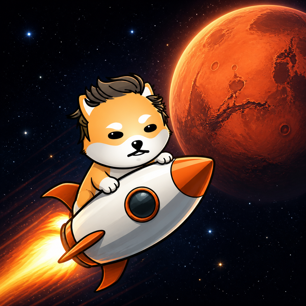 Mars Doge riding a rocket to Mars